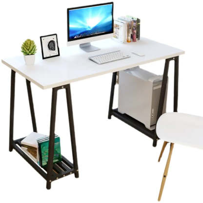 White Trestle Computer Desk with Side Shelf — White-Black / Without Chairs
