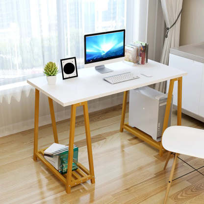 White Trestle Computer Desk with Side Shelf