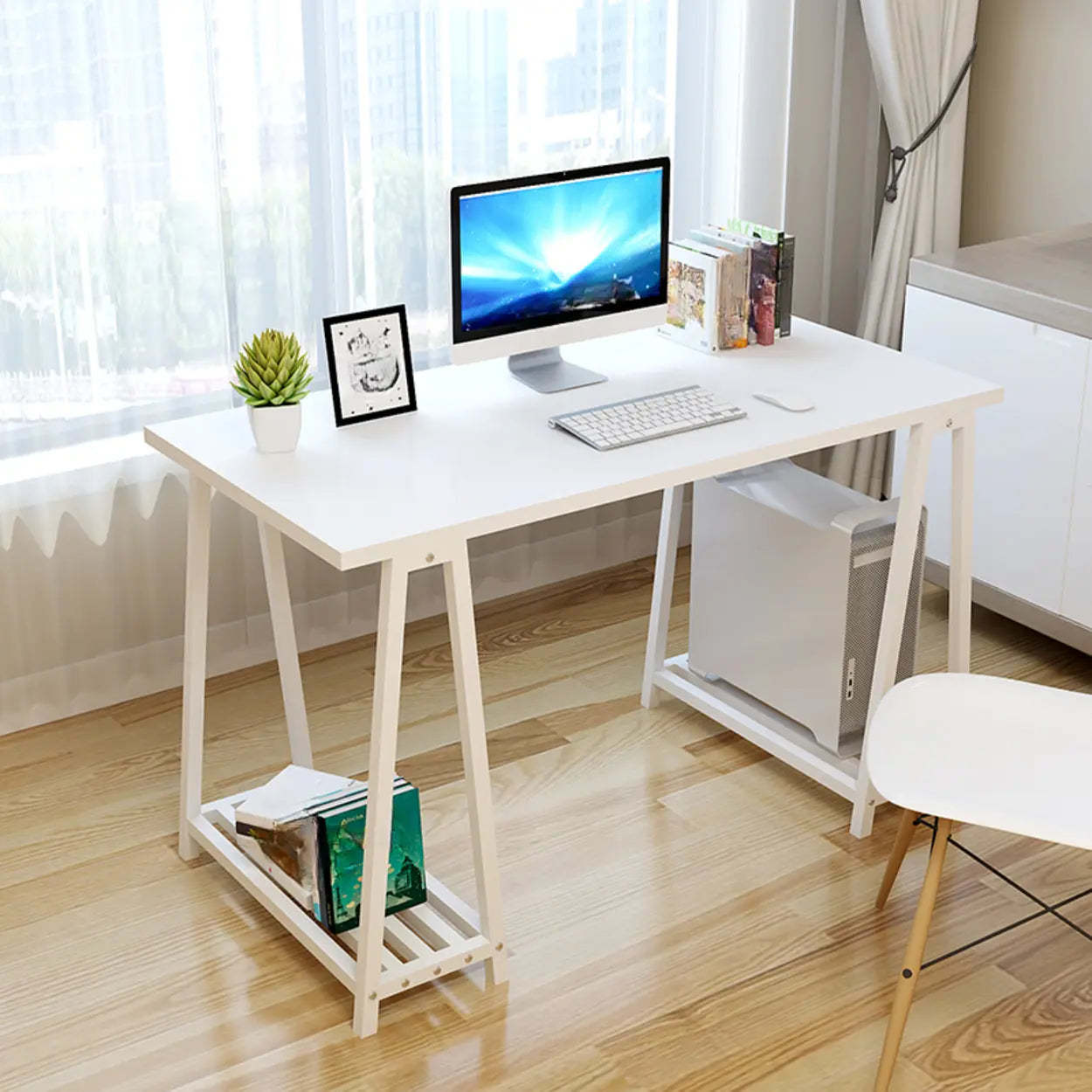 White Trestle Computer Desk with Side Shelf — Black / Without Chairs