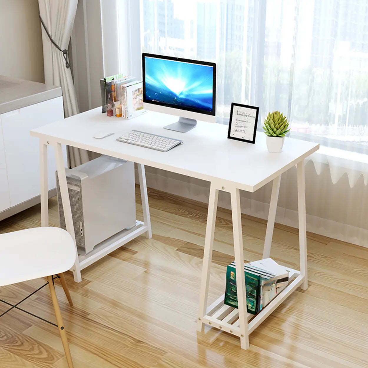 White Trestle Computer Desk with Side Shelf — Black and White / Without Chairs