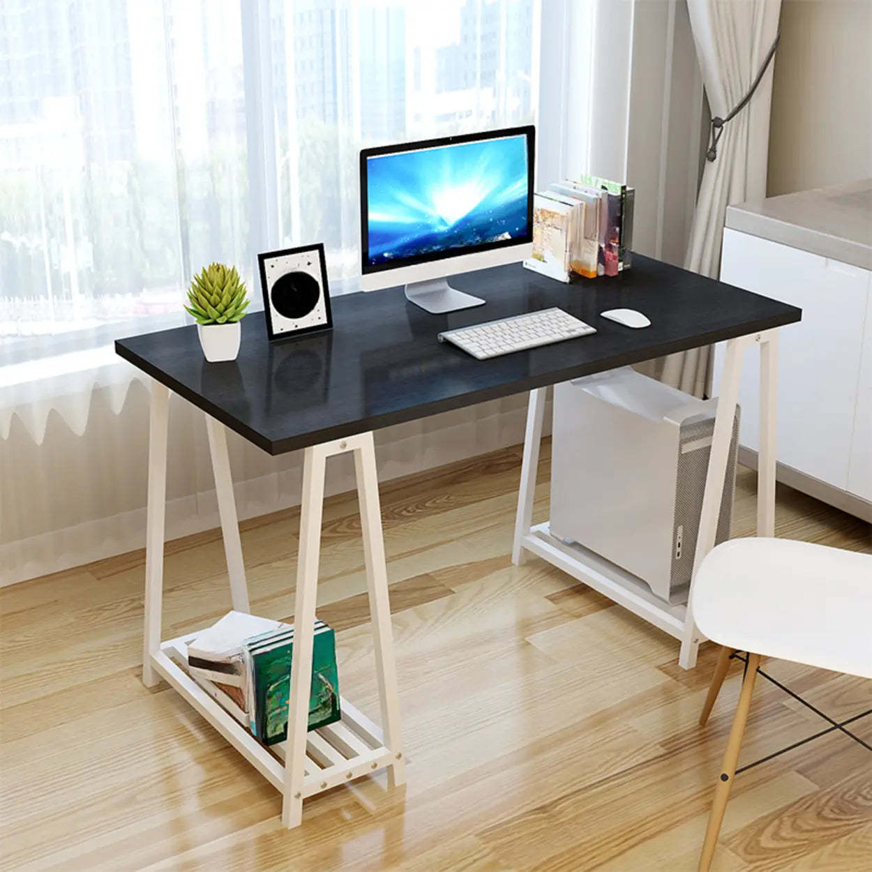 White Trestle Computer Desk with Side Shelf — Gold-White / Without Chairs