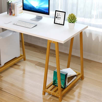 White Trestle Computer Desk with Side Shelf — White / Without Chairs