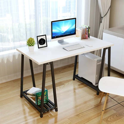 White Trestle Computer Desk with Side Shelf — White-Black / Without Chairs