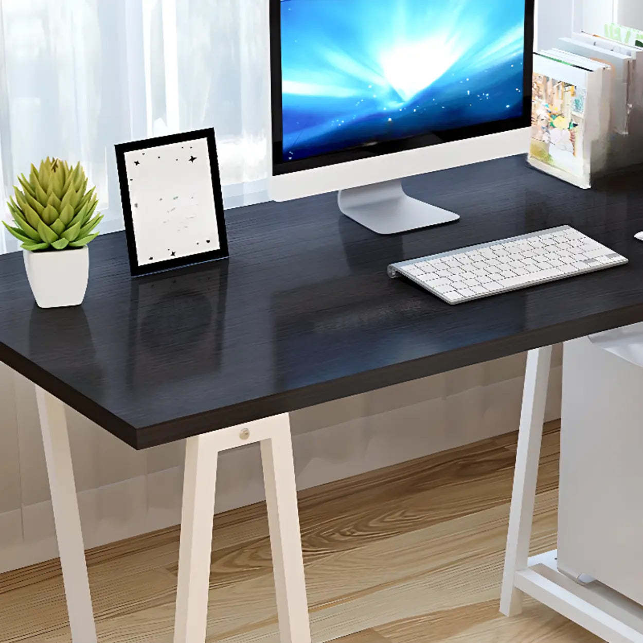White Trestle Computer Desk with Side Shelf — Black / Without Chairs
