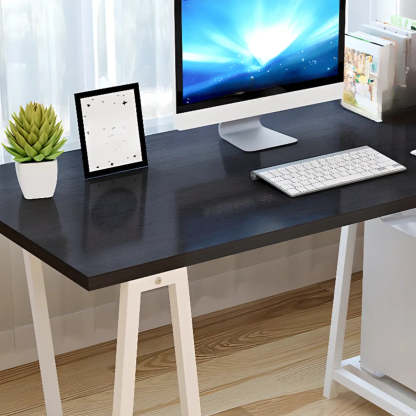White Trestle Computer Desk with Side Shelf — Black / Without Chairs