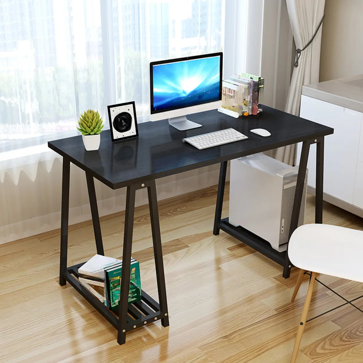 White Trestle Computer Desk with Side Shelf — Black and White / Without Chairs