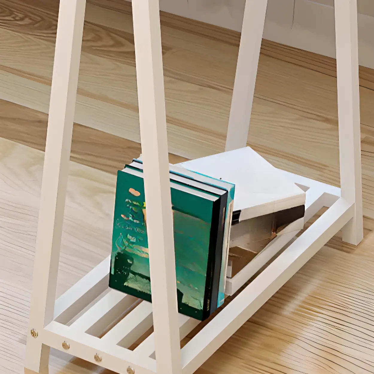 White Trestle Computer Desk with Side Shelf — Gold-White / Without Chairs