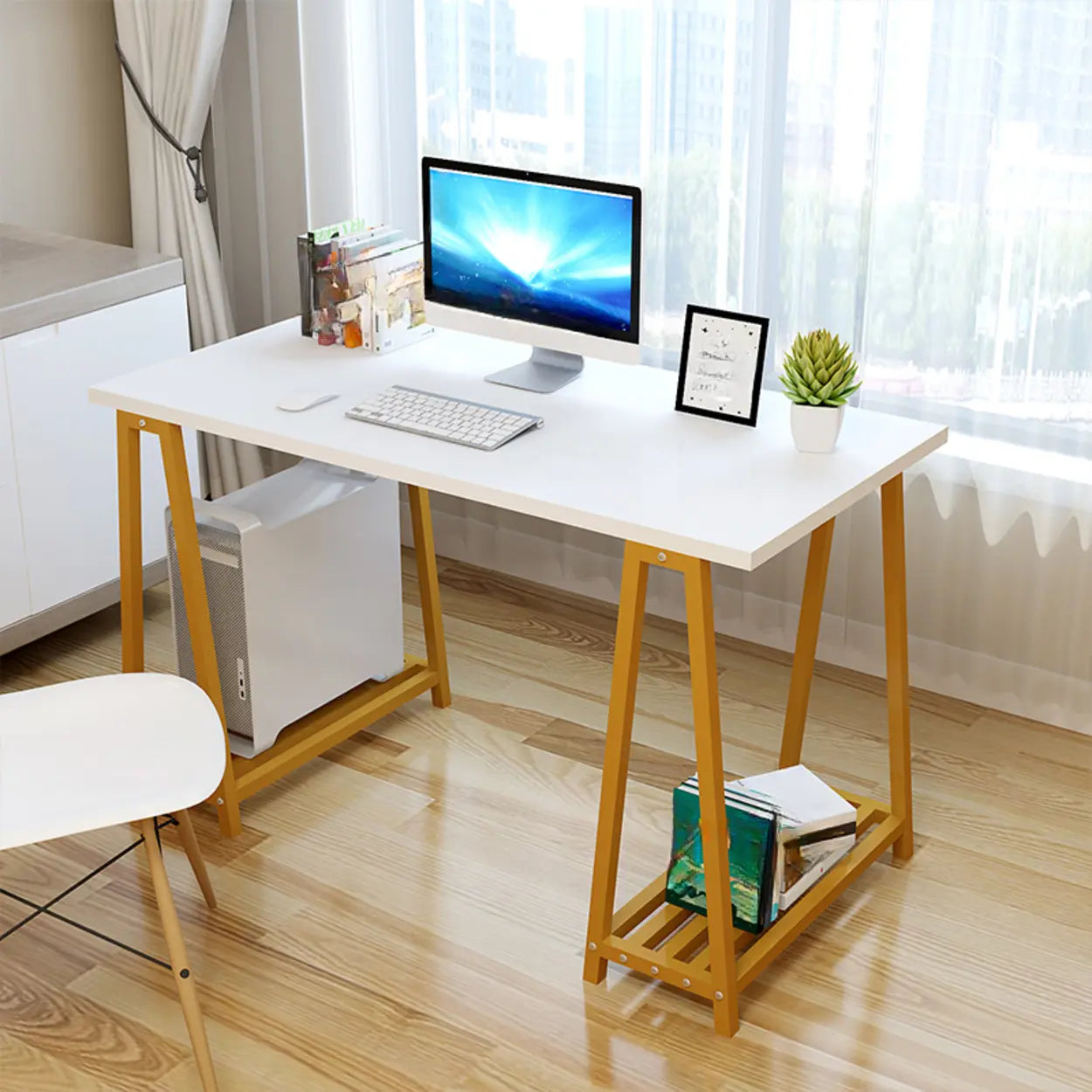 White Trestle Computer Desk with Side Shelf — White / Without Chairs
