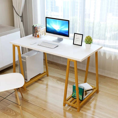 White Trestle Computer Desk with Side Shelf — White / Without Chairs