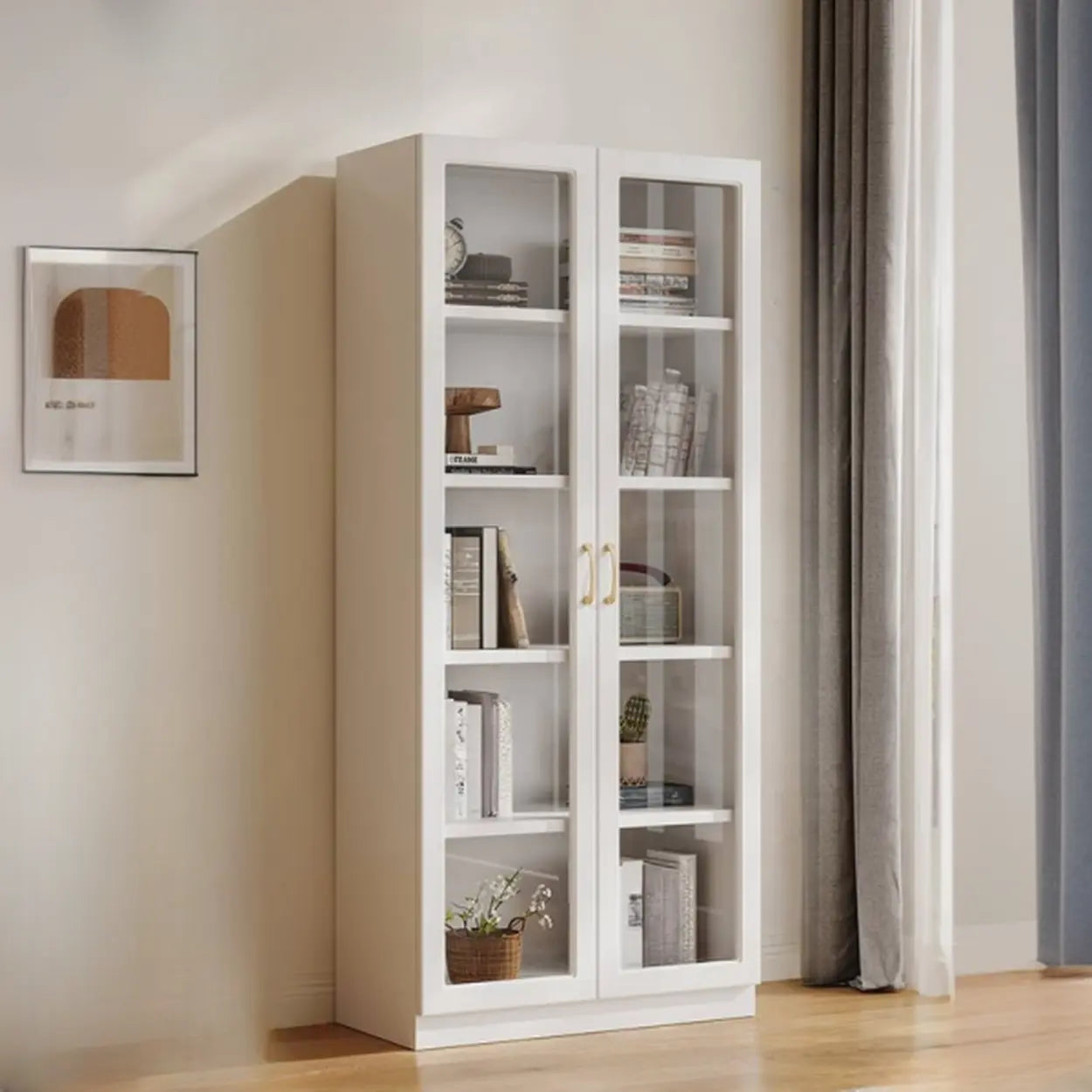 White Tall Freestanding Glass Display Cabinet — Drawer Not Included