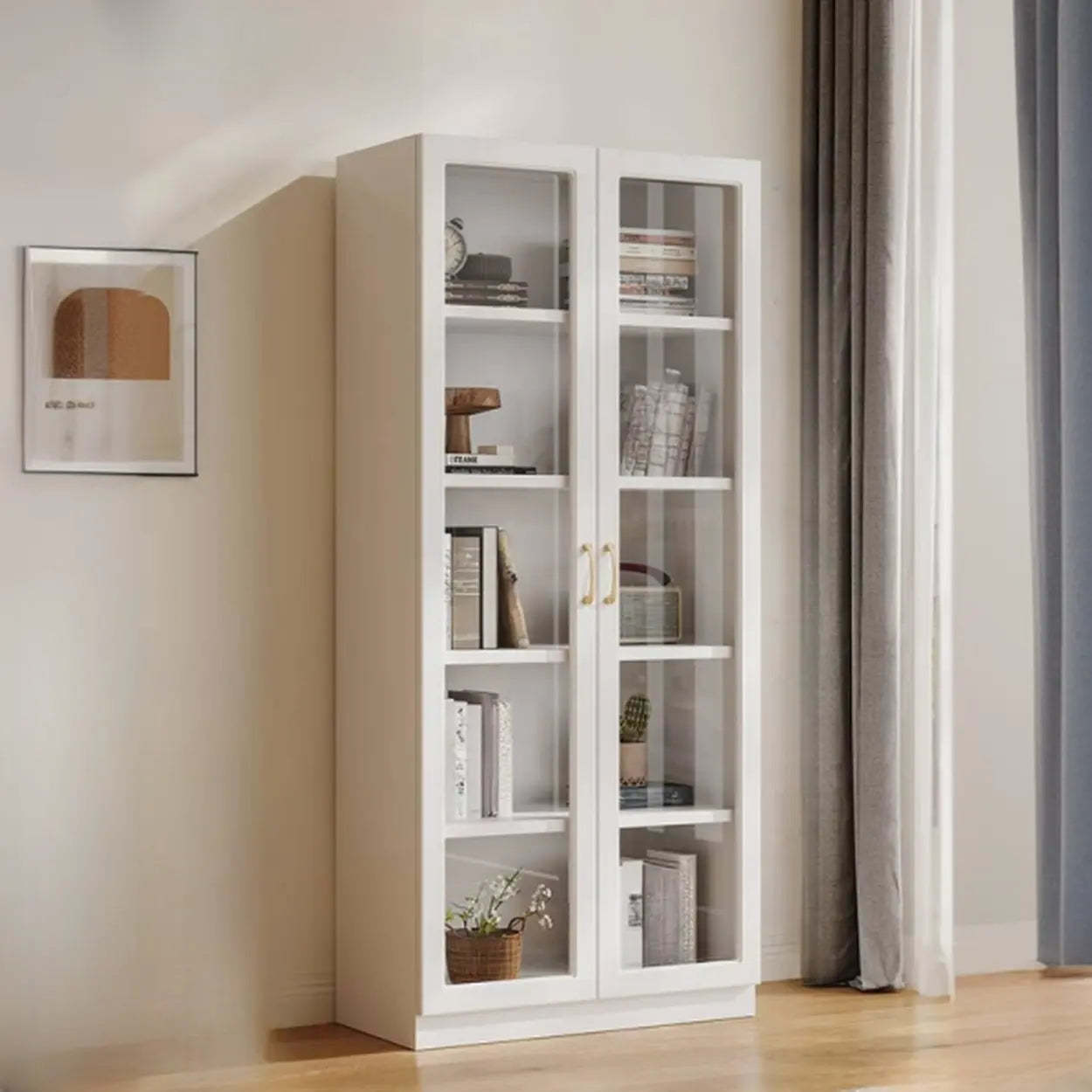 White Tall Freestanding Glass Display Cabinet — Drawer Not Included
