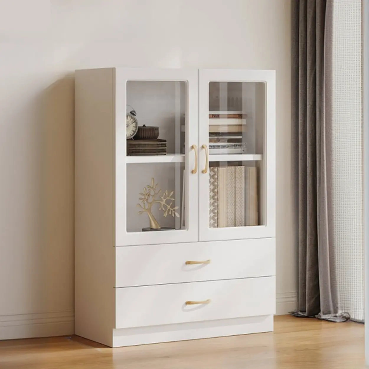 White Tall Freestanding Glass Display Cabinet — Drawer Not Included