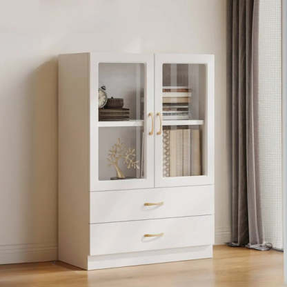 White Tall Freestanding Glass Display Cabinet — Drawer Not Included