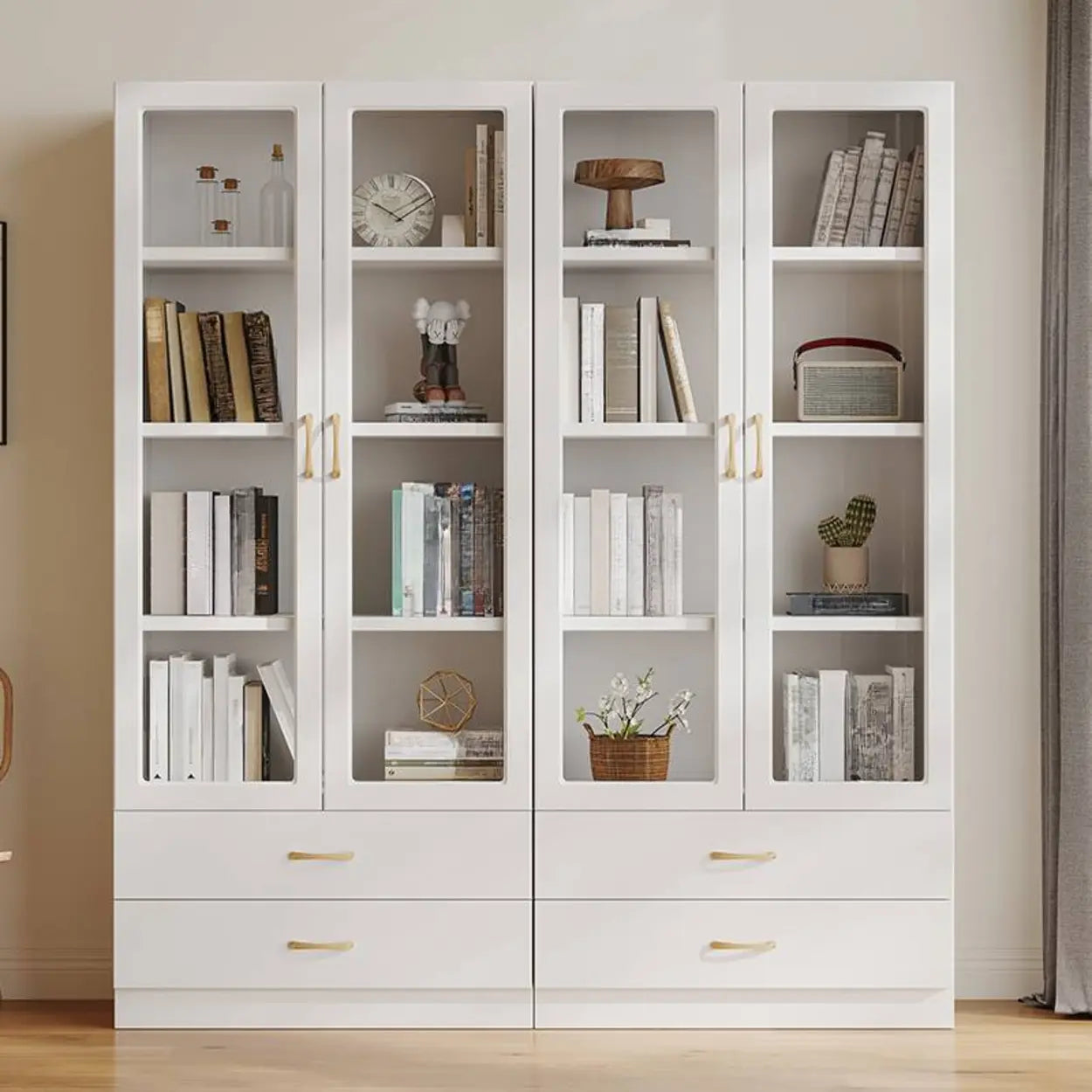 White Tall Freestanding Glass Display Cabinet — Drawer Not Included