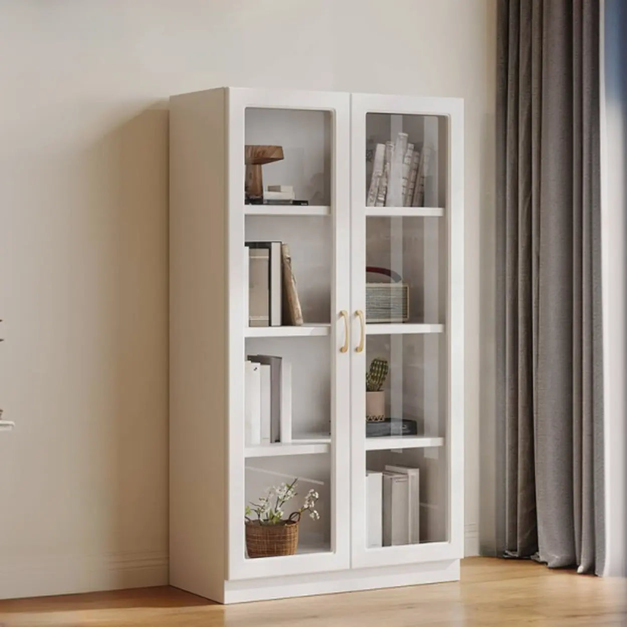 White Tall Freestanding Glass Display Cabinet — Drawer Not Included
