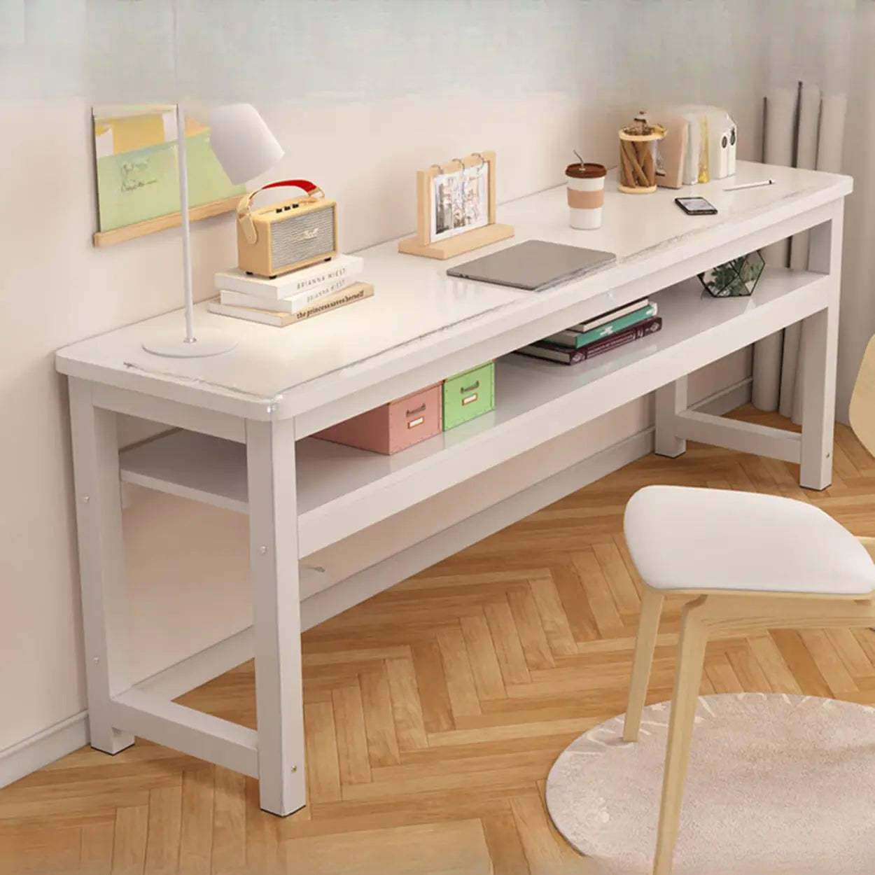 White Timber Rectangular Writing Desk with Storage — Single Layer / Table Only