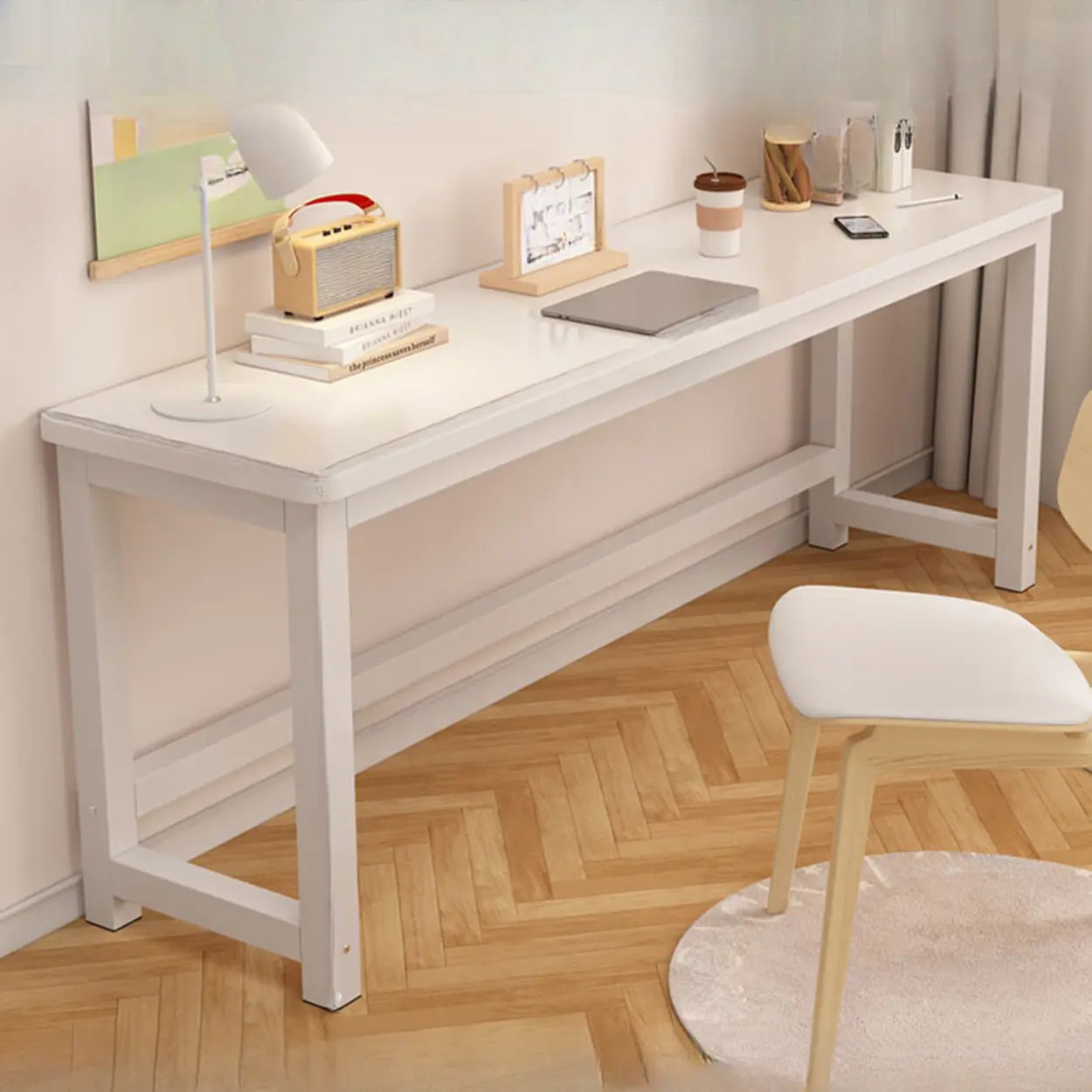 White Timber Rectangular Writing Desk with Storage — Single Layer / Table Only