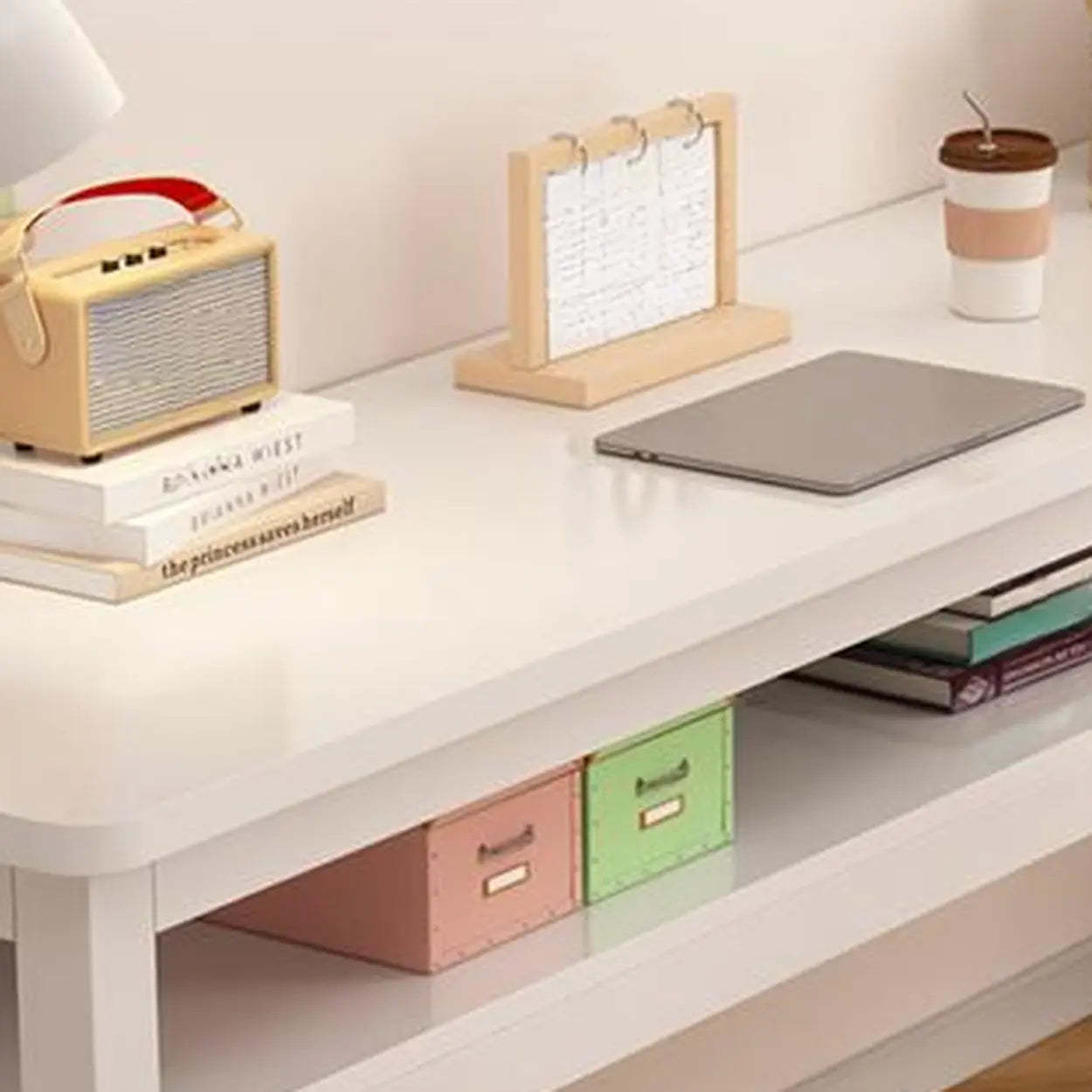 White Timber Rectangular Writing Desk with Storage — Single Layer / Table Only