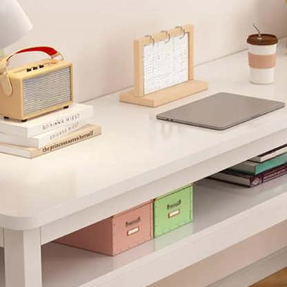 White Timber Rectangular Writing Desk with Storage — Single Layer / Table Only