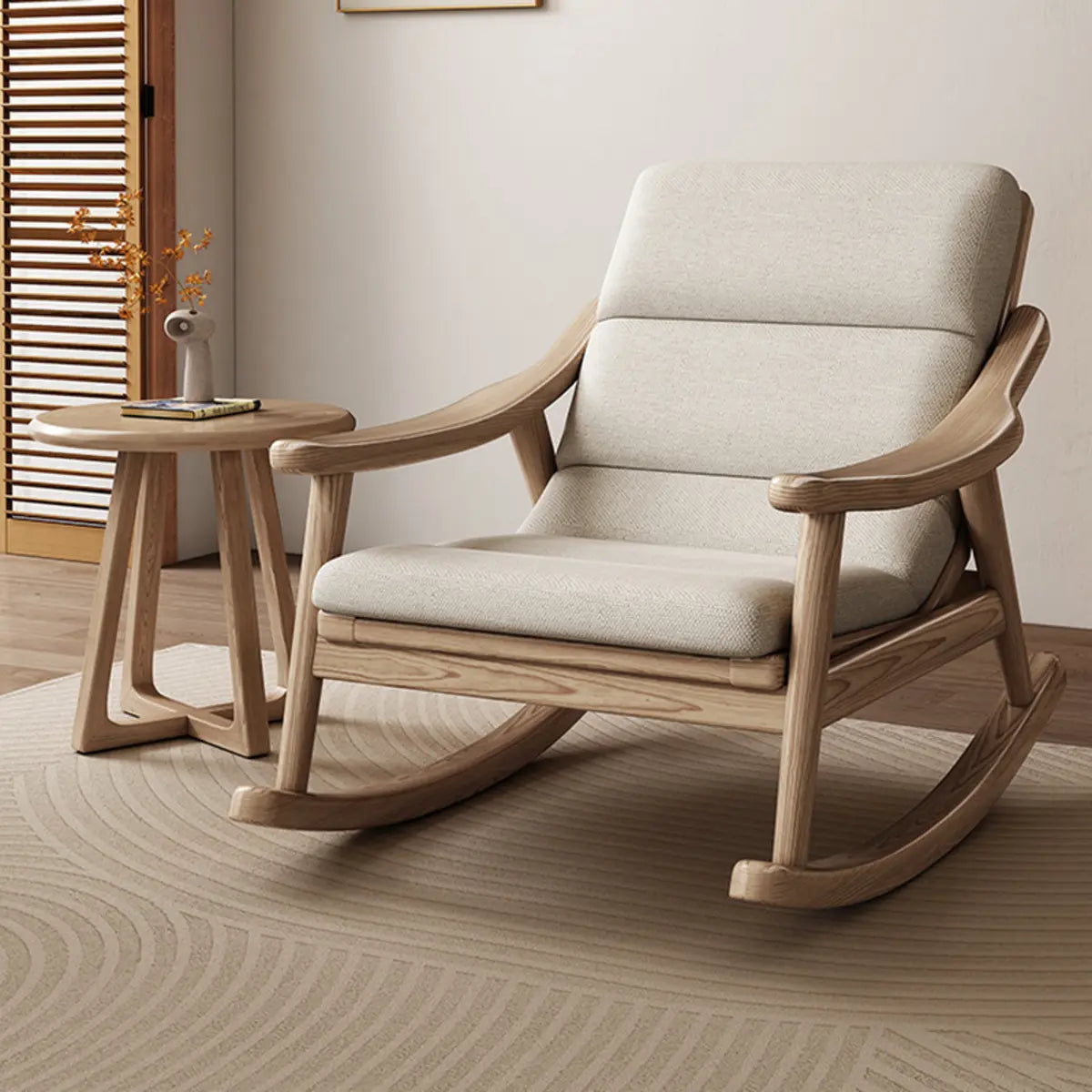 White Upholstered Natural Wood Track Arm Rocking Chair — Rocking Chair / Tech Cloth
