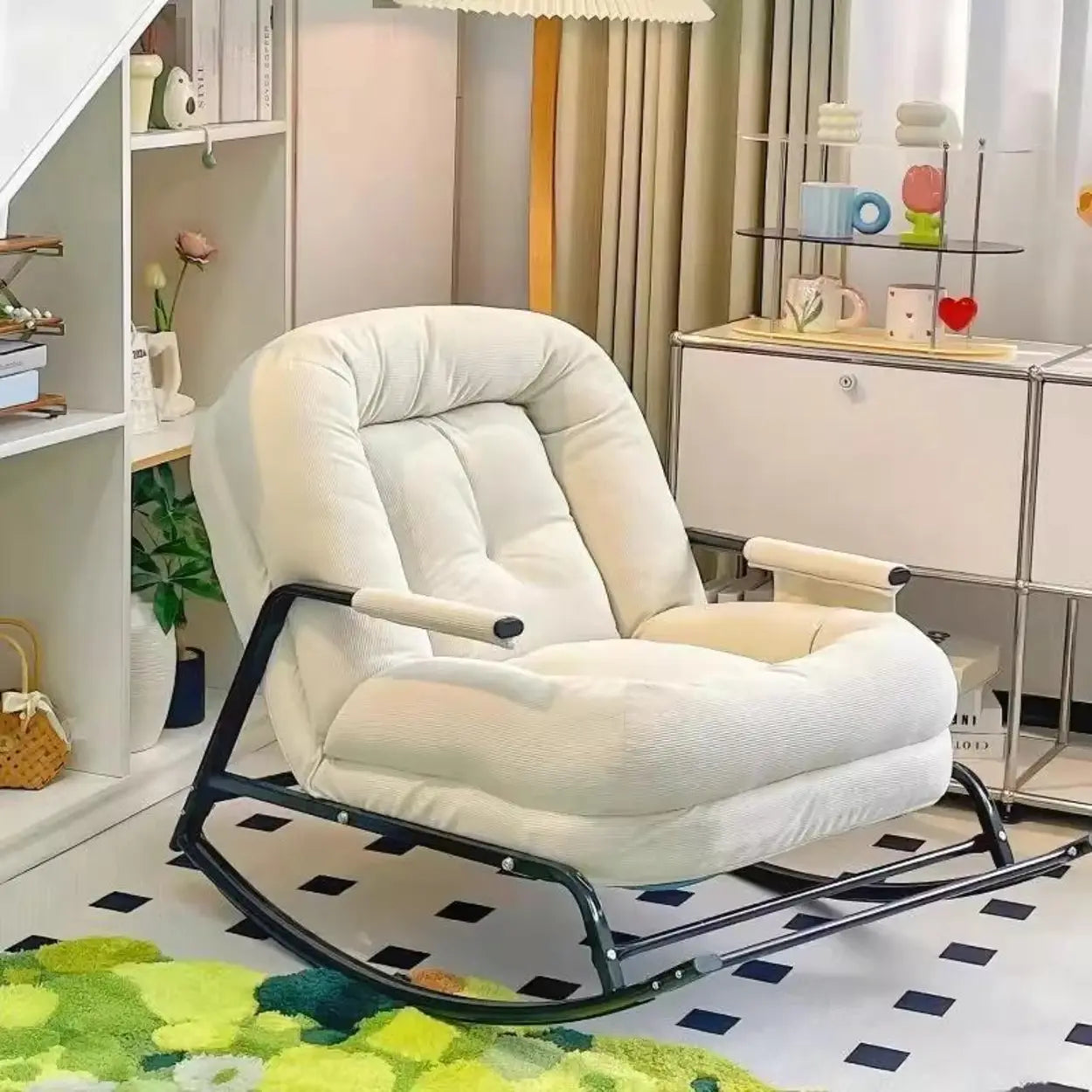 White Track-Arm Metal Leg Rocking Chair