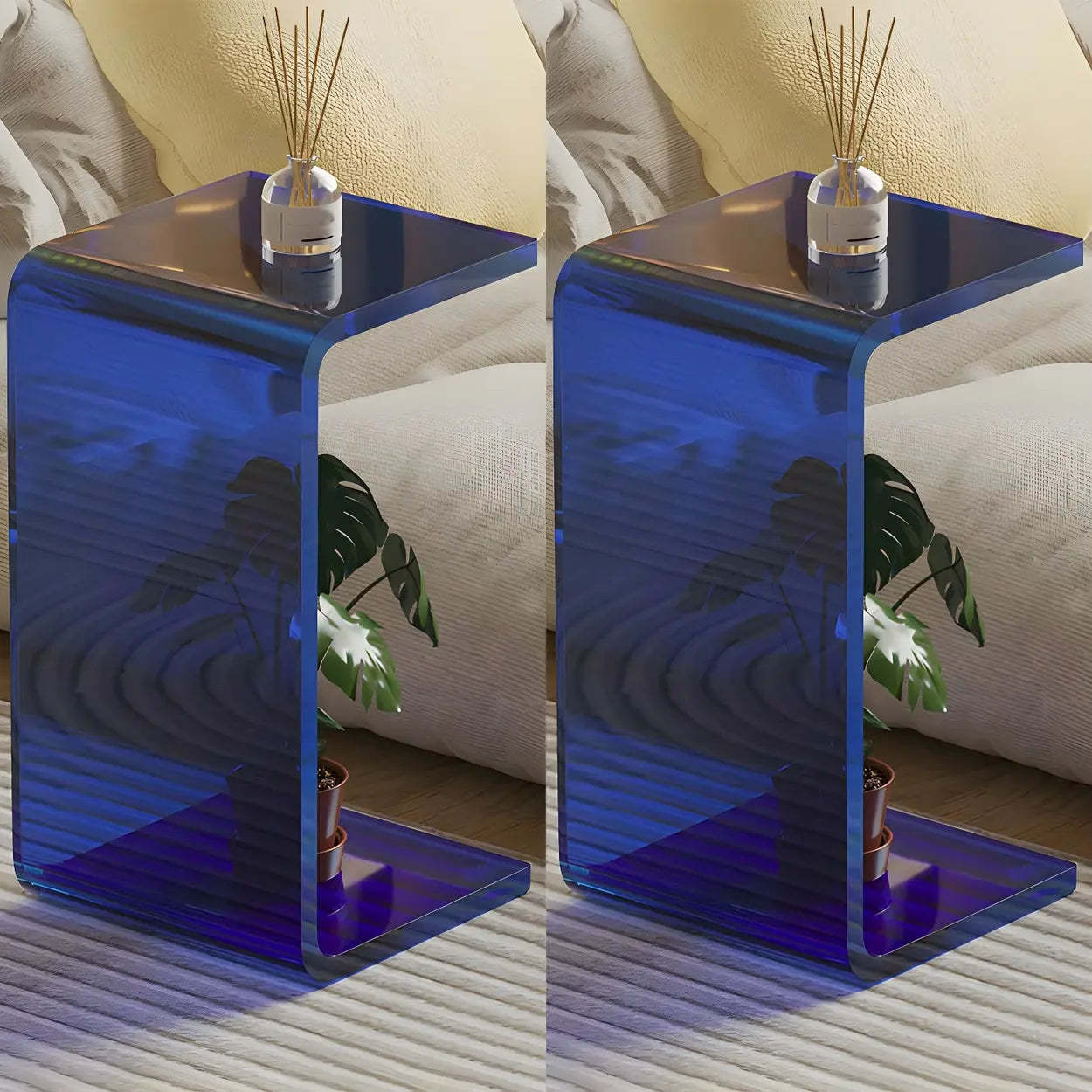 Acrylic C-Shaped Square Side Table — Clear-Blue / 1