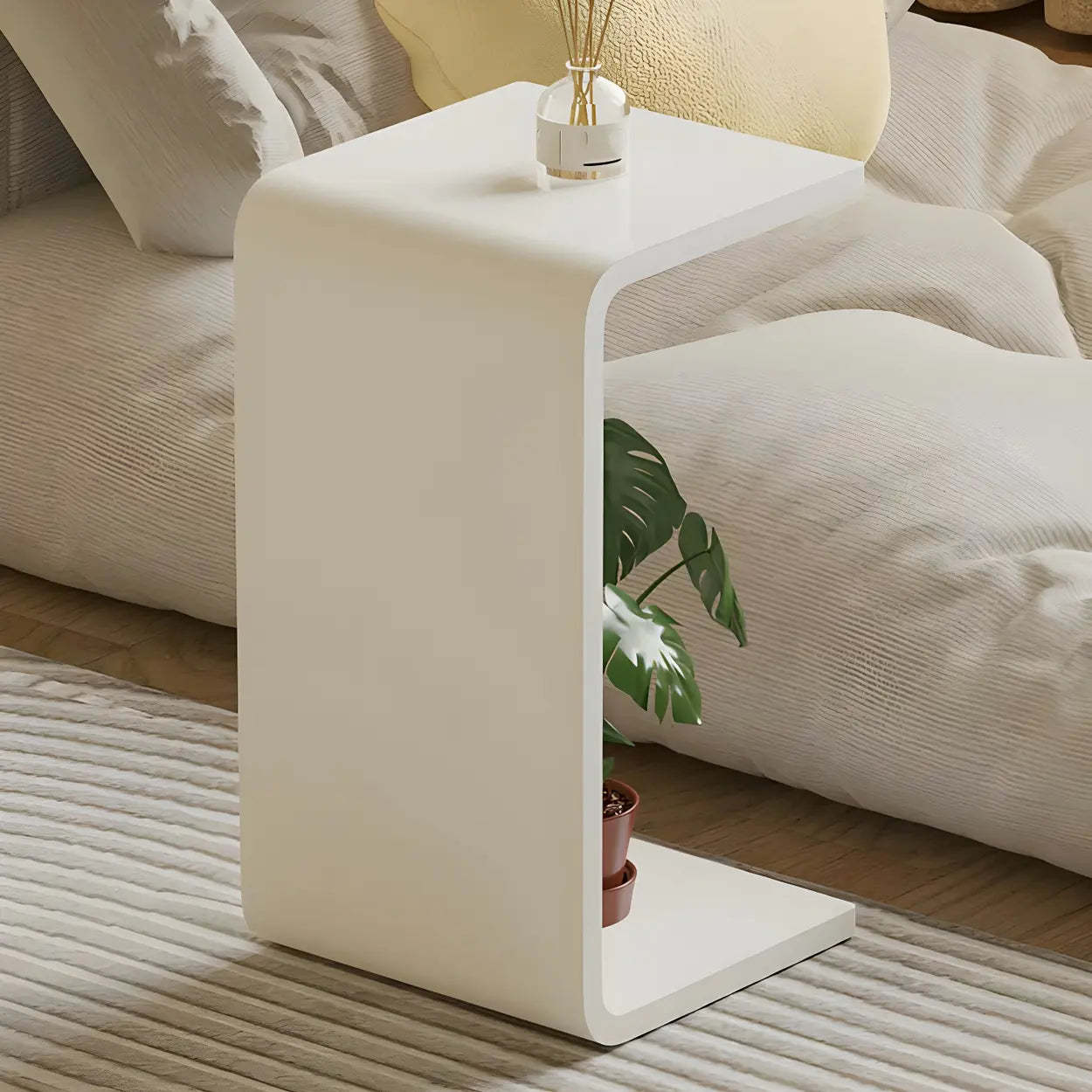 Modern c-shaped square gray display cabinets in acrylic — 12"L x 12"W x 21.5"H / 1-Table / White