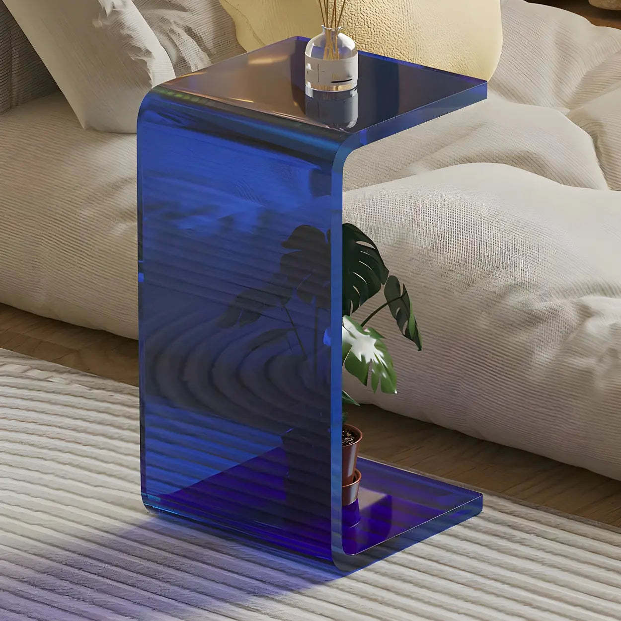 Acrylic C-Shaped Square Side Table — Clear-Blue / 1