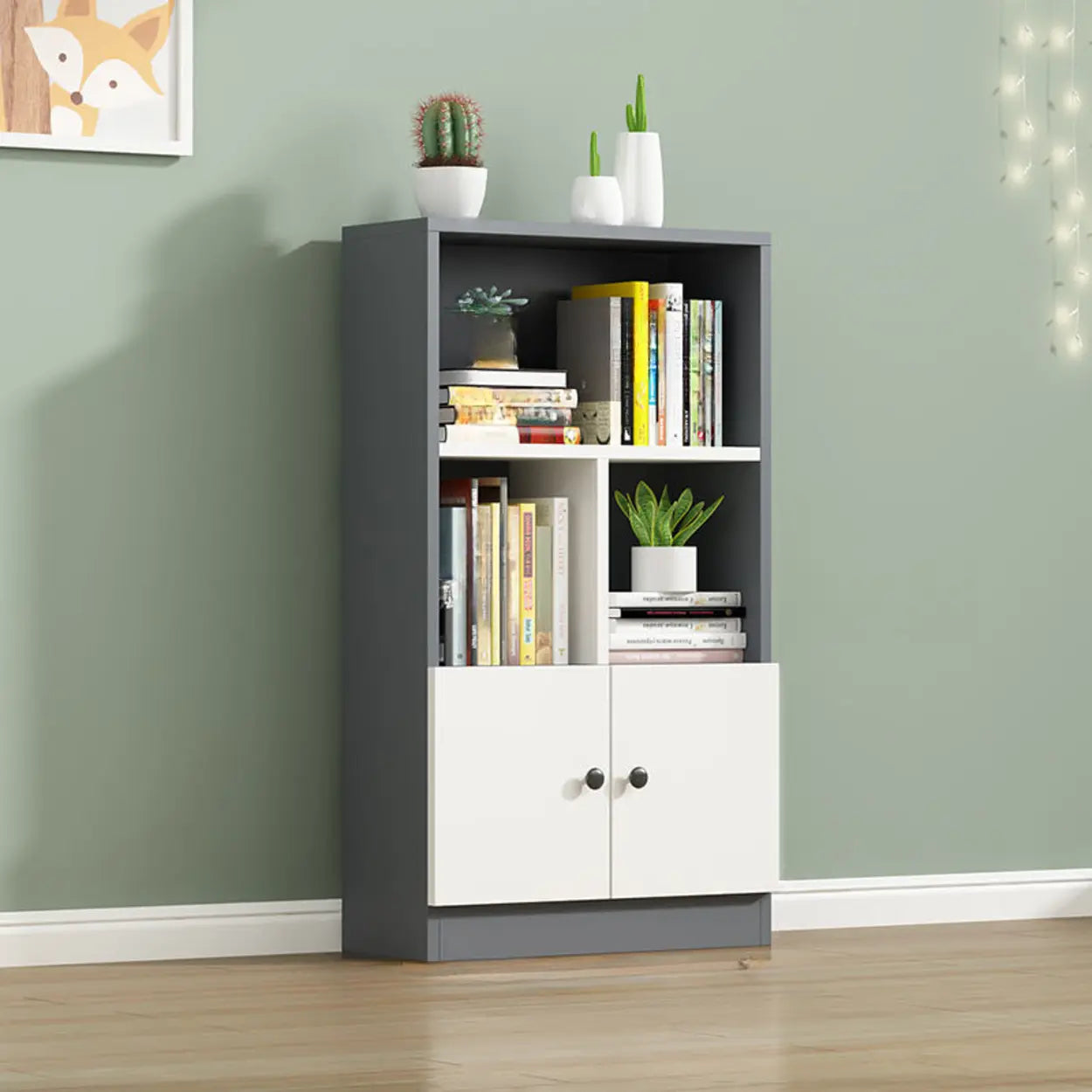 White Vertical Modern Rectangular Bookcase — Gray & White