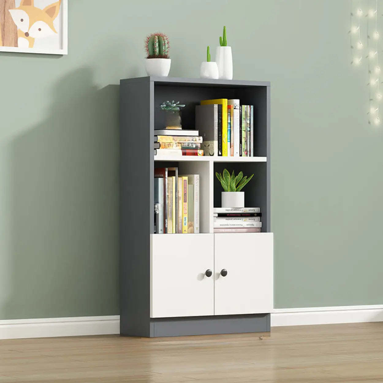 White Vertical Modern Rectangular Bookcase — Gray & White