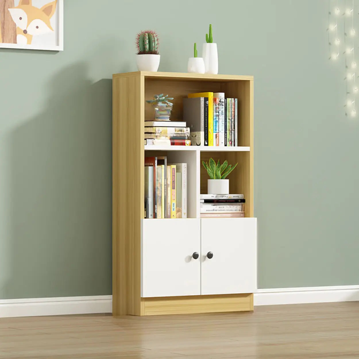 White Vertical Modern Rectangular Bookcase — Light Walnut/ White