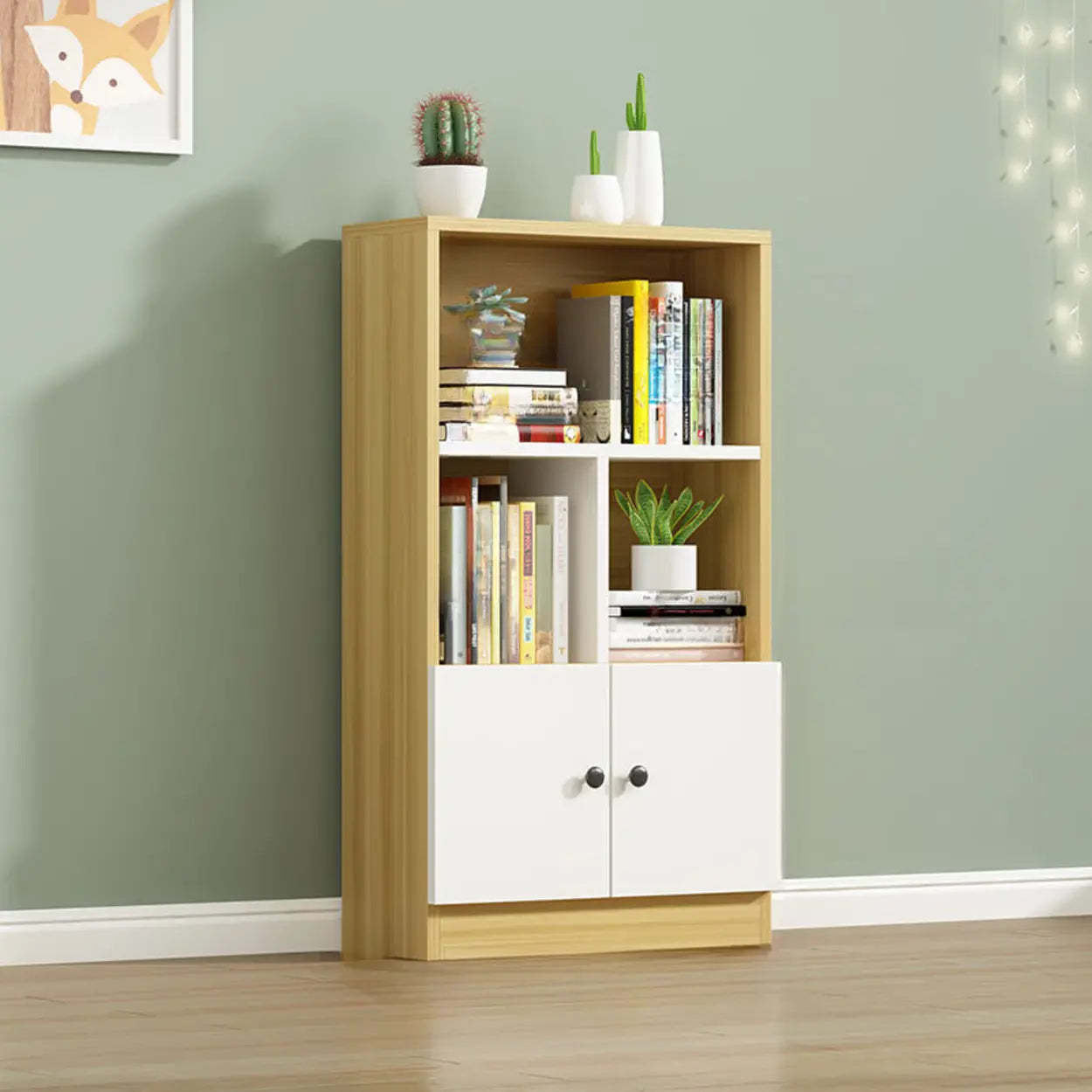White Vertical Modern Rectangular Bookcase — Light Walnut/ White