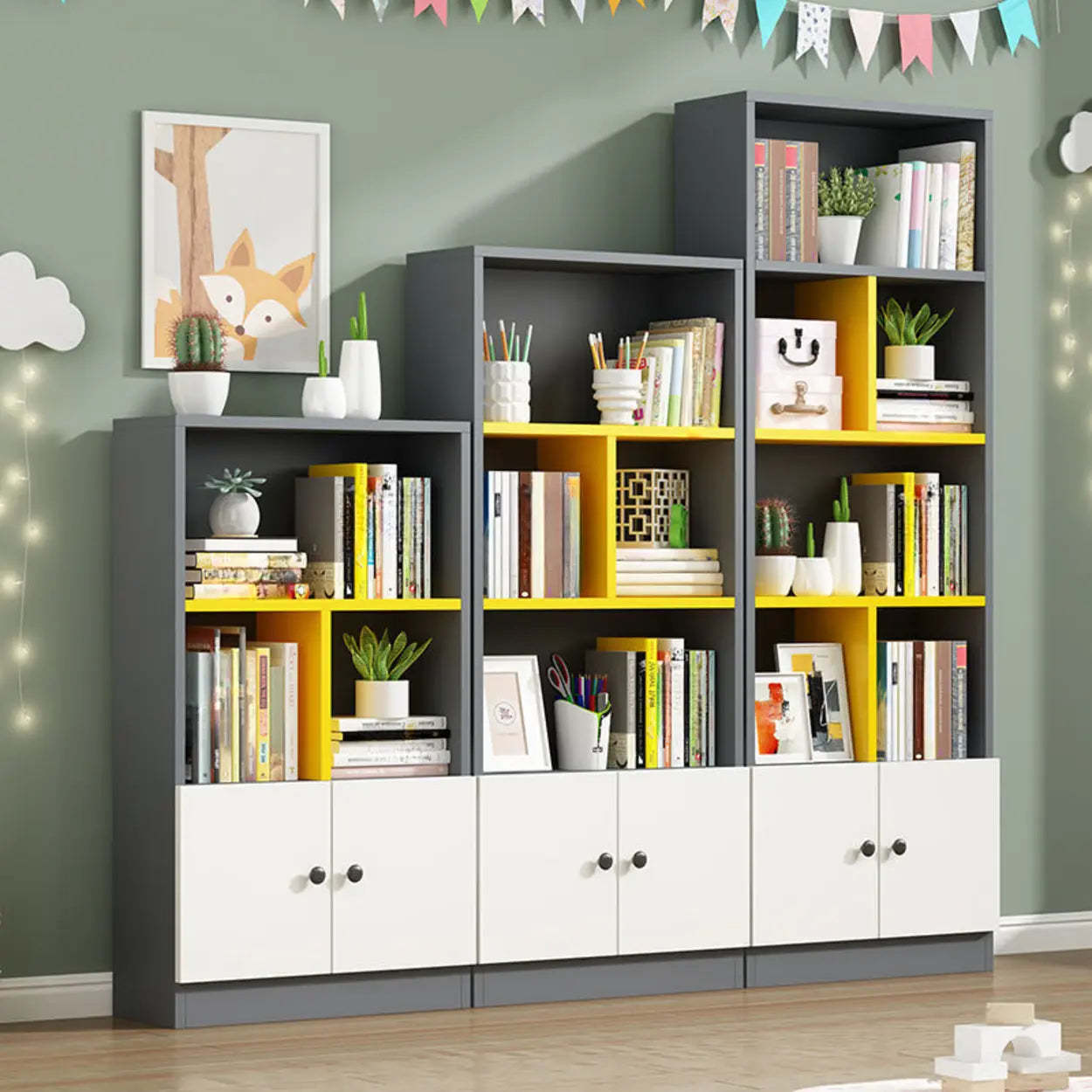 White Vertical Modern Rectangular Bookcase — White/ Pink