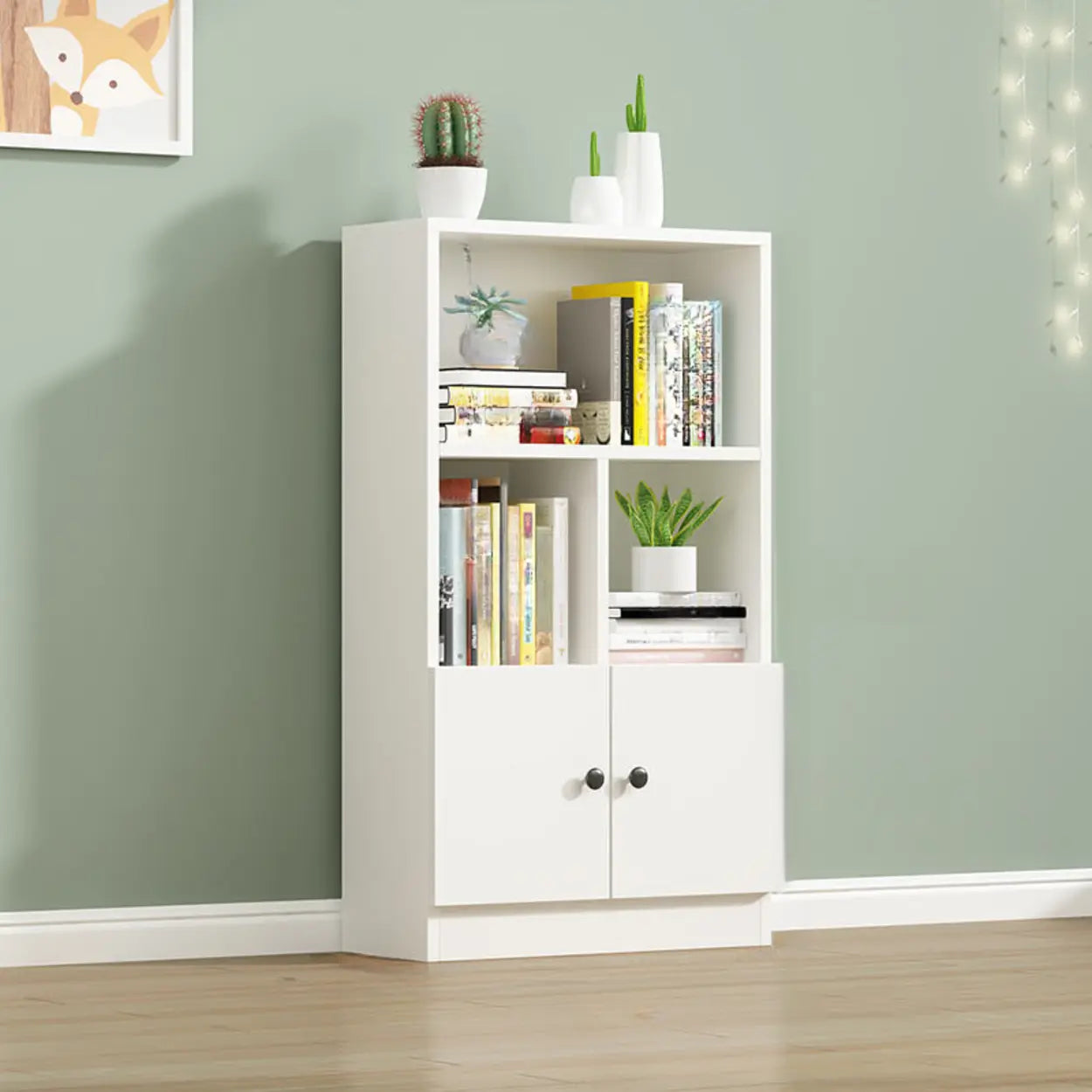 White Vertical Modern Rectangular Bookcase — Gray/ Yellow