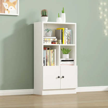 White Vertical Modern Rectangular Bookcase — Gray/ Yellow