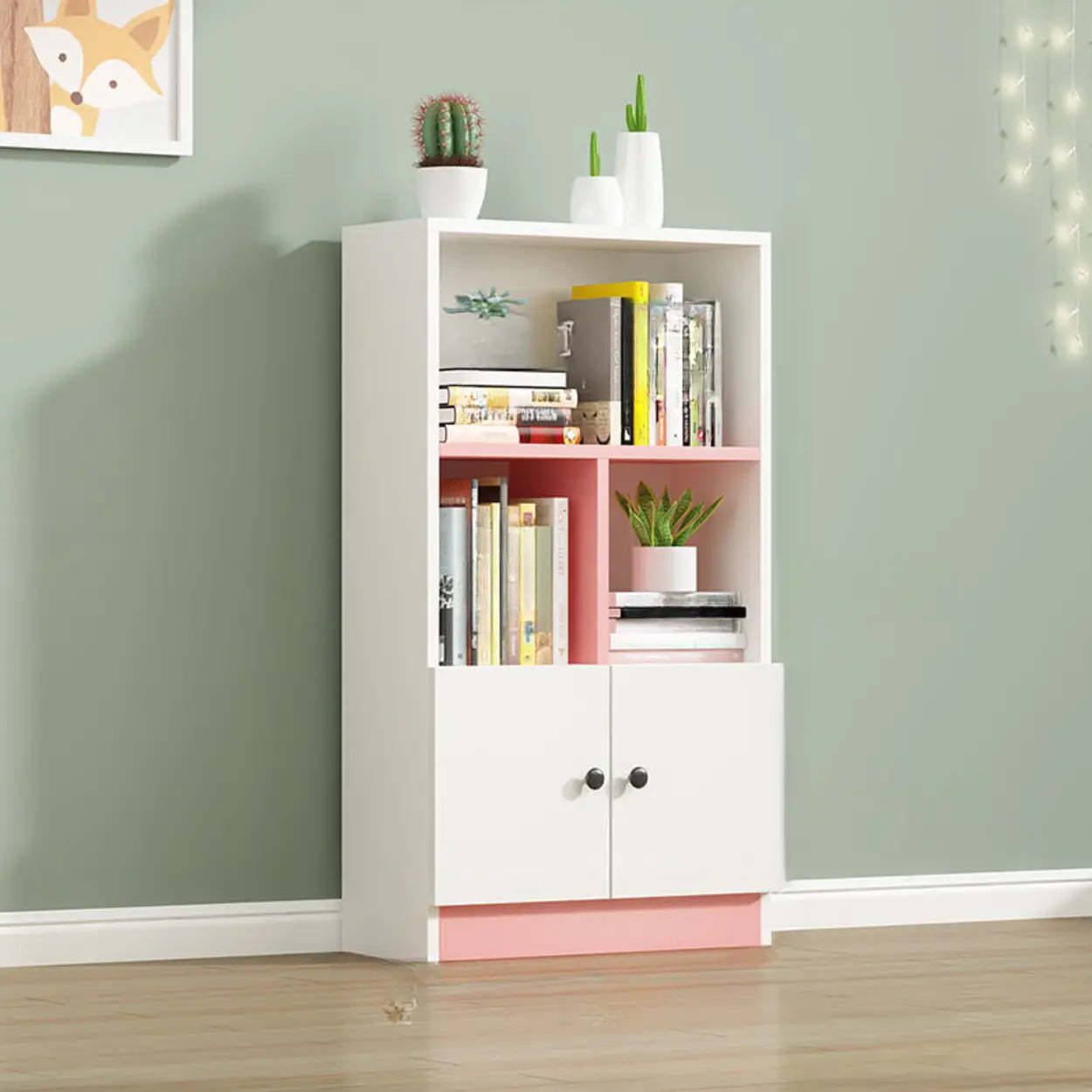 White Vertical Modern Rectangular Bookcase — White/ Pink