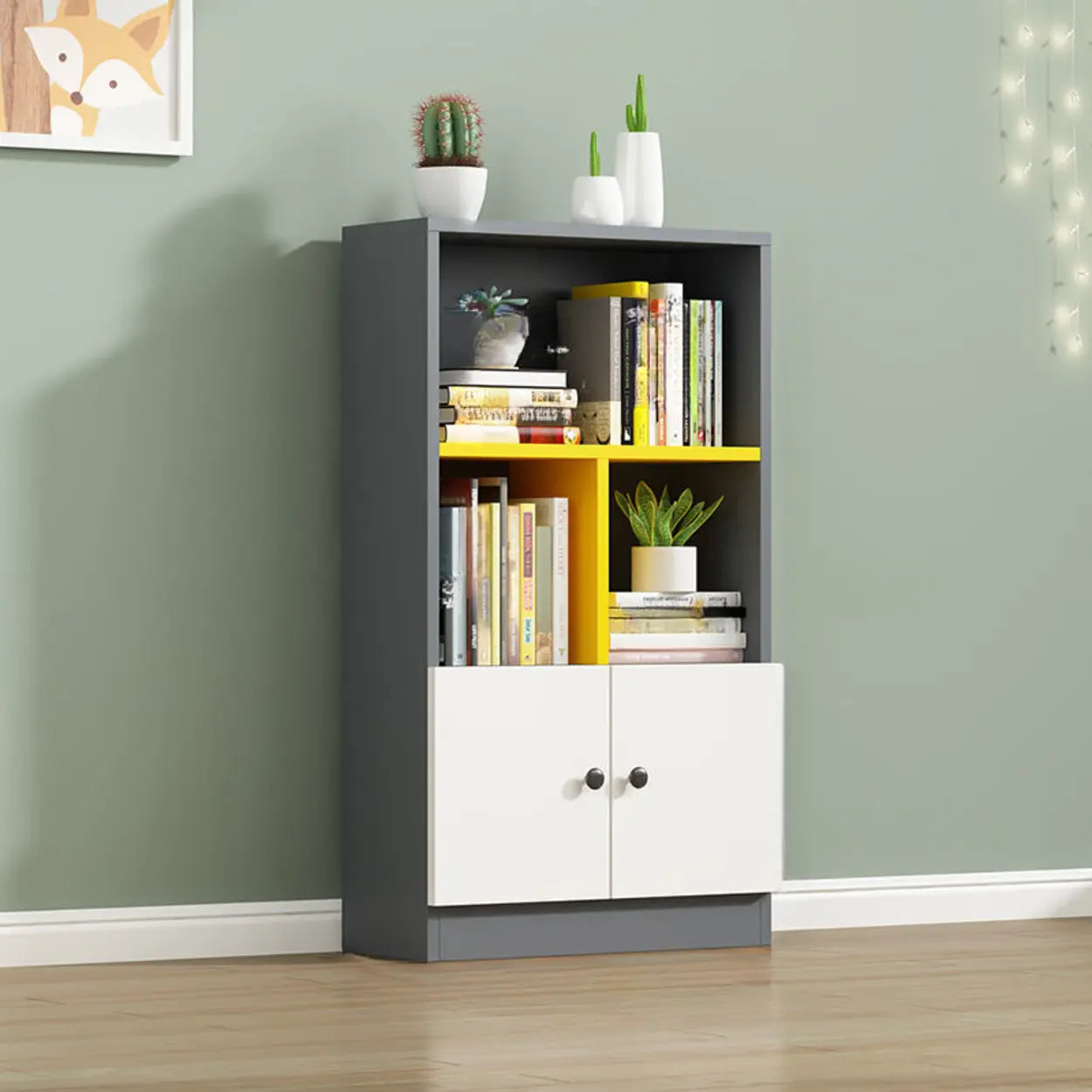 White Vertical Modern Rectangular Bookcase — White/ Yellow