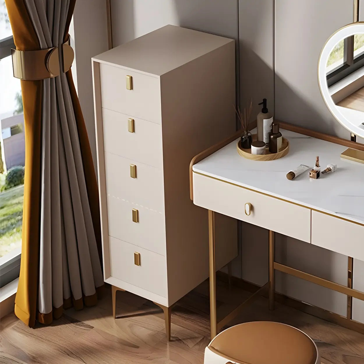 White Vertical Wood Semainier Dresser — Pink