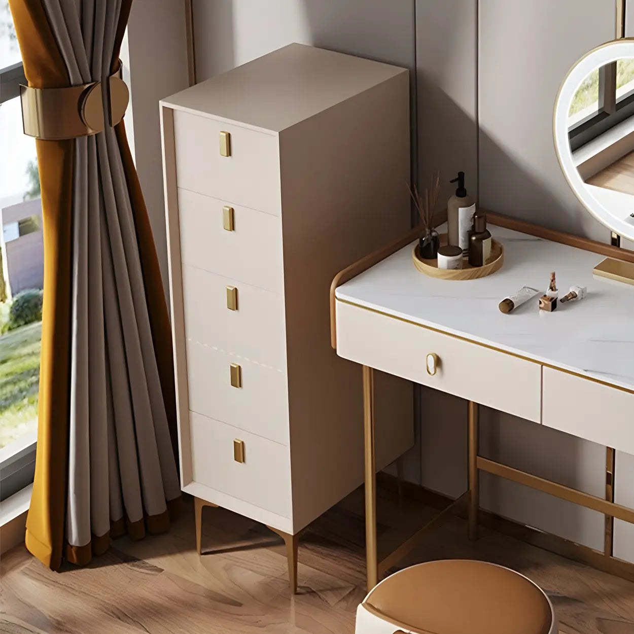 White Vertical Wood Semainier Dresser — Pink