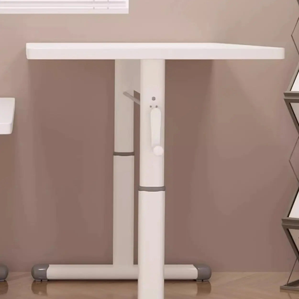 White Wood Adjustable T-Shape Standing Desk — Natural Finish / Without Chairs