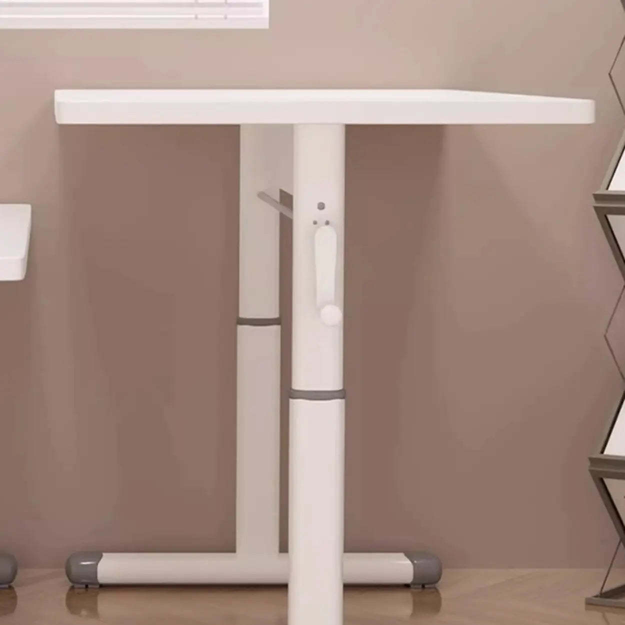 White Wood Adjustable T-Shape Standing Desk — Natural Finish / Without Chairs
