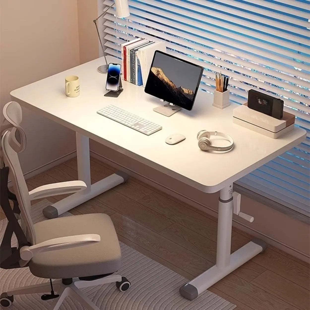 White Wood Adjustable T-Shape Standing Desk — White / Without Chairs