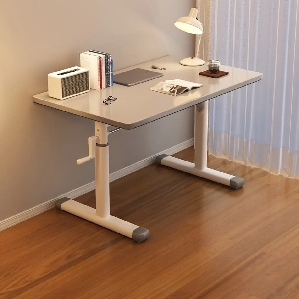 White Wood Adjustable T-Shape Standing Desk — White / Without Chairs