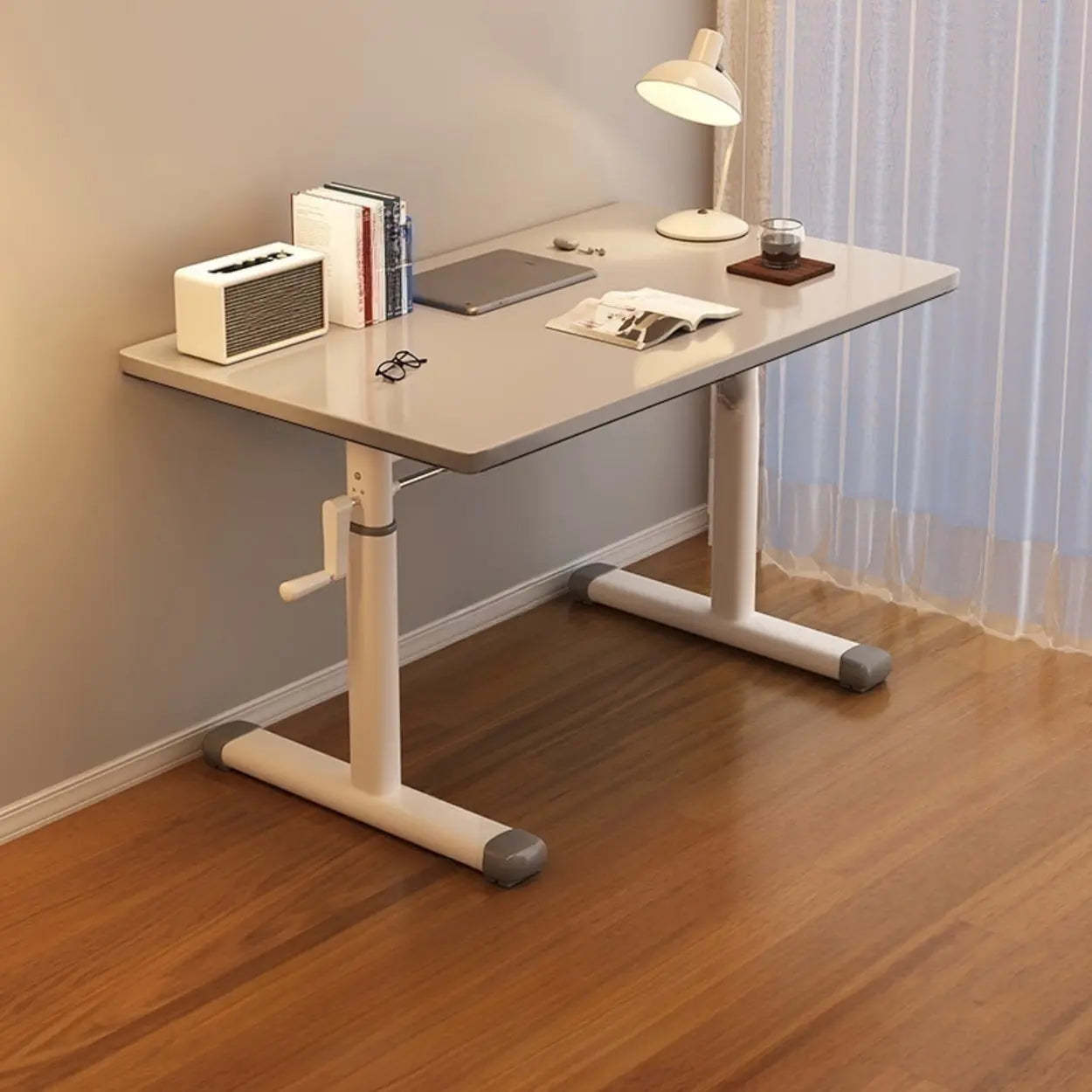 White Wood Adjustable T-Shape Standing Desk — White / Without Chairs