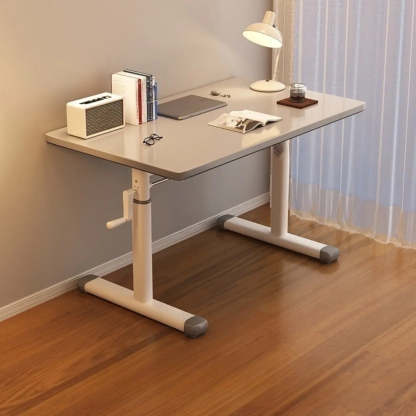 White Wood Adjustable T-Shape Standing Desk — White / Without Chairs