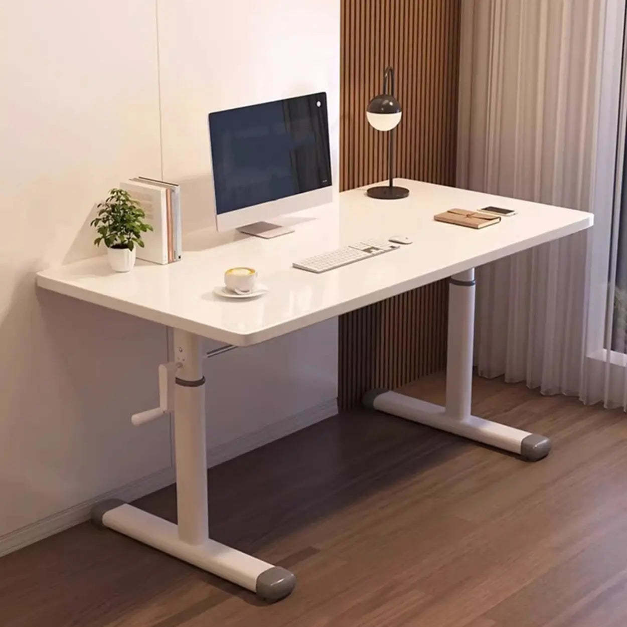 White Wood Adjustable T-Shape Standing Desk — White / Without Chairs