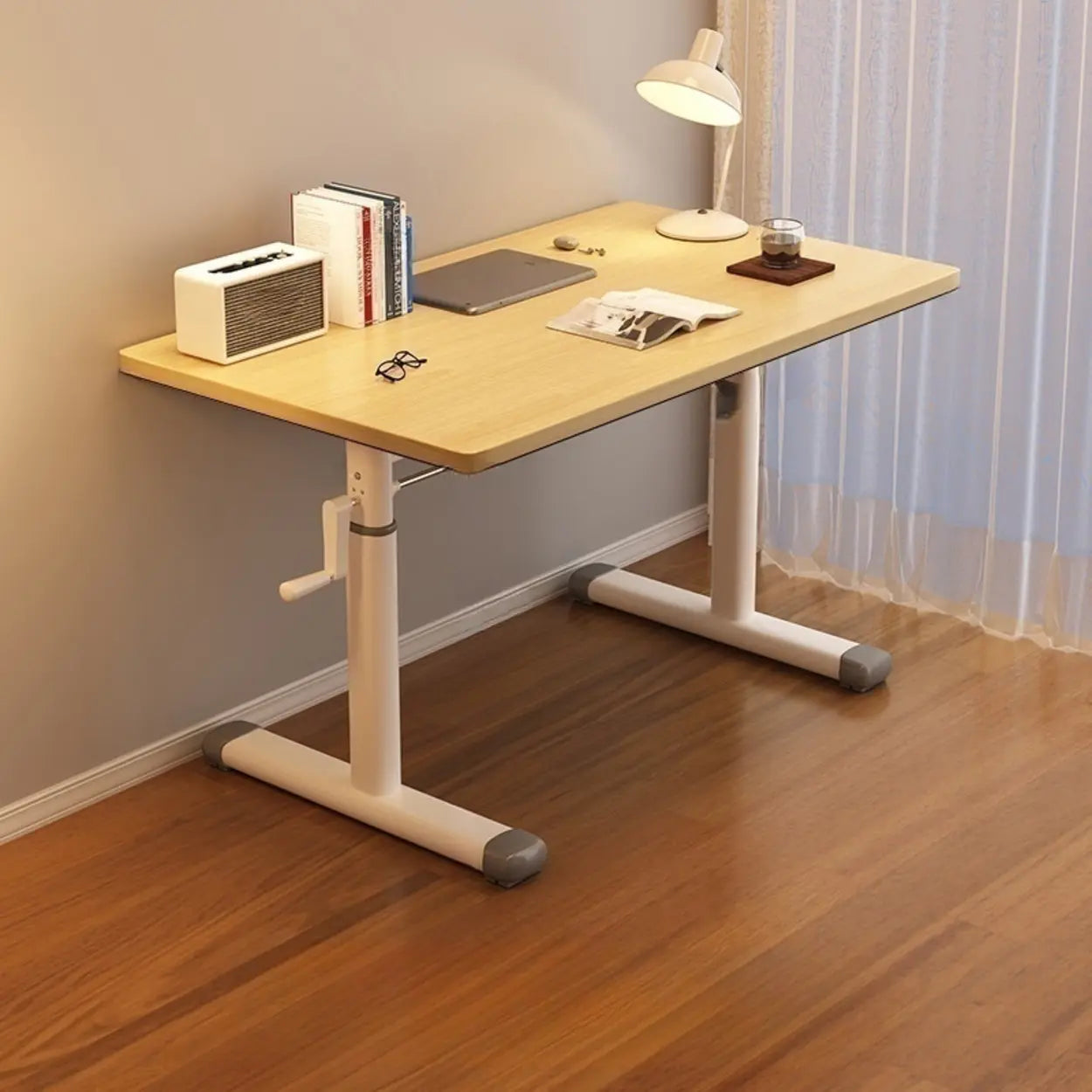 White Wood Adjustable T-Shape Standing Desk — Natural Finish / Without Chairs