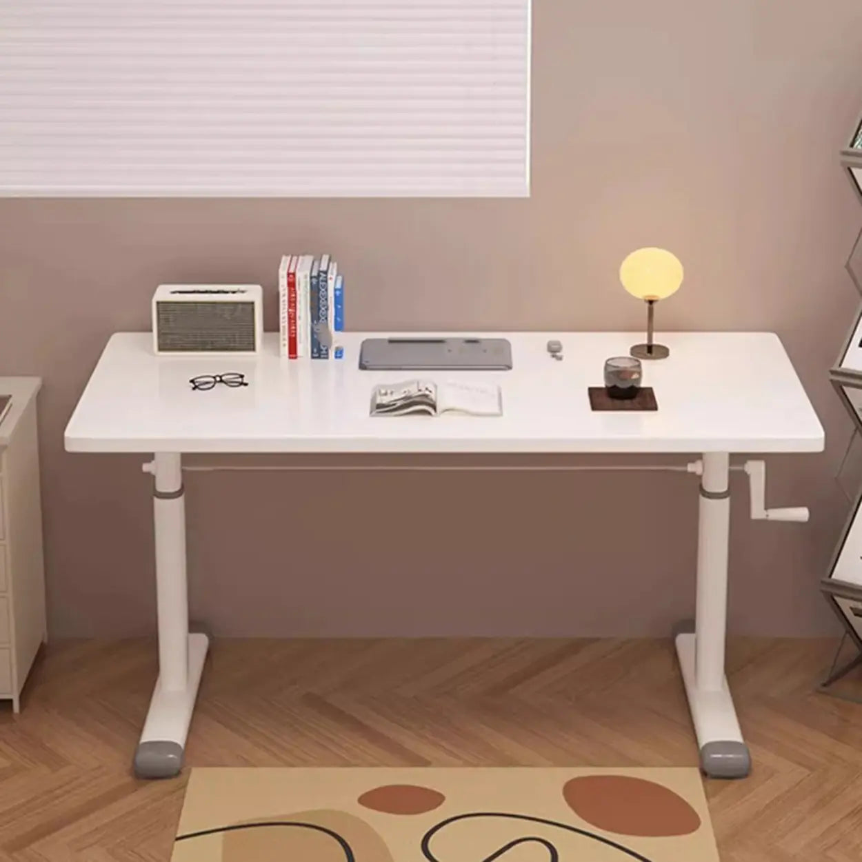 White Wood Adjustable T-Shape Standing Desk — Grey / Without Chairs