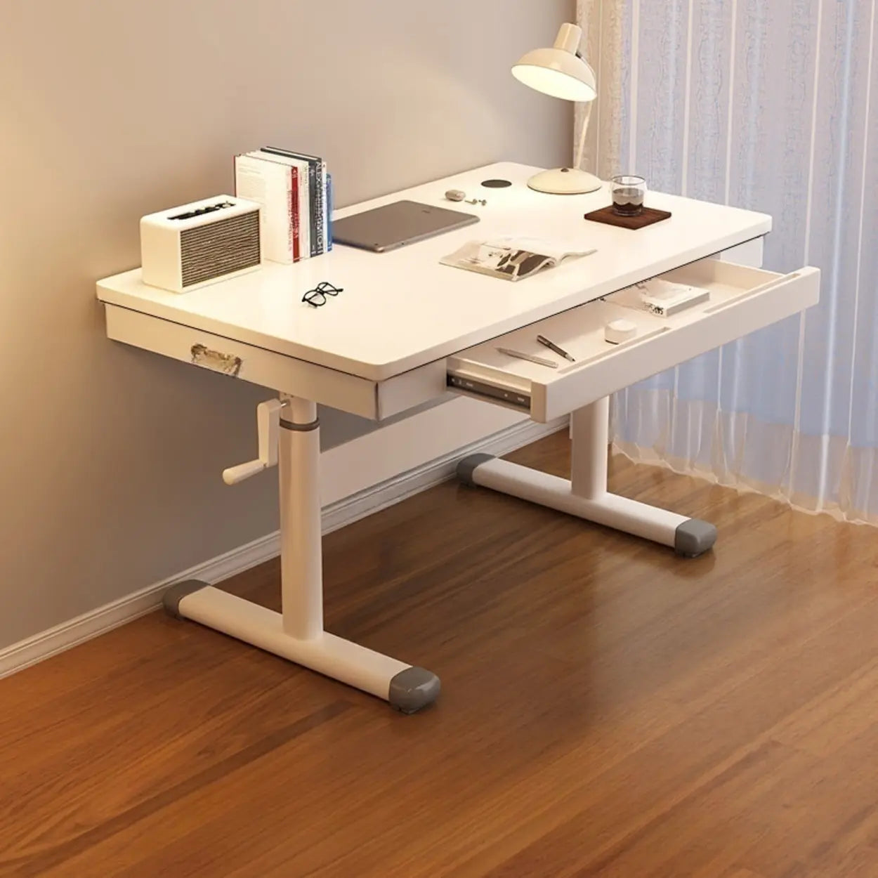 White Wood Adjustable T-Shape Standing Desk — White / Without Chairs