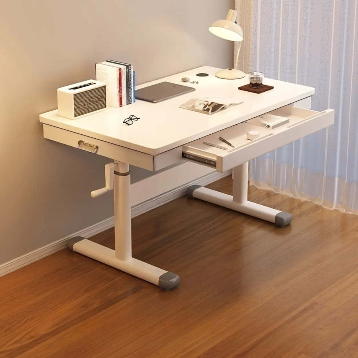 White Wood Adjustable T-Shape Standing Desk — White / Without Chairs